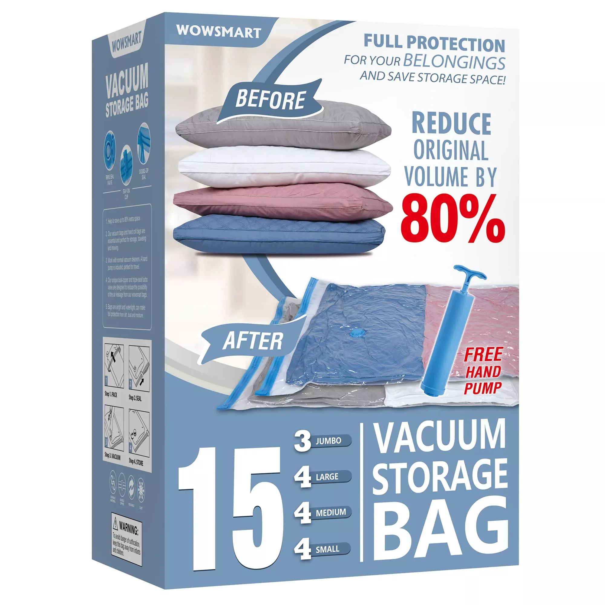 15 Space Saver Vacuum Storage BagsVacuum Sealed Storage Bags (3 Jumbo/4 Large/4 Medium/4 Small) with Hand PumpVacuum Seal Bags for ClothingComfortersPillowsTowelBlanket StorageBedding