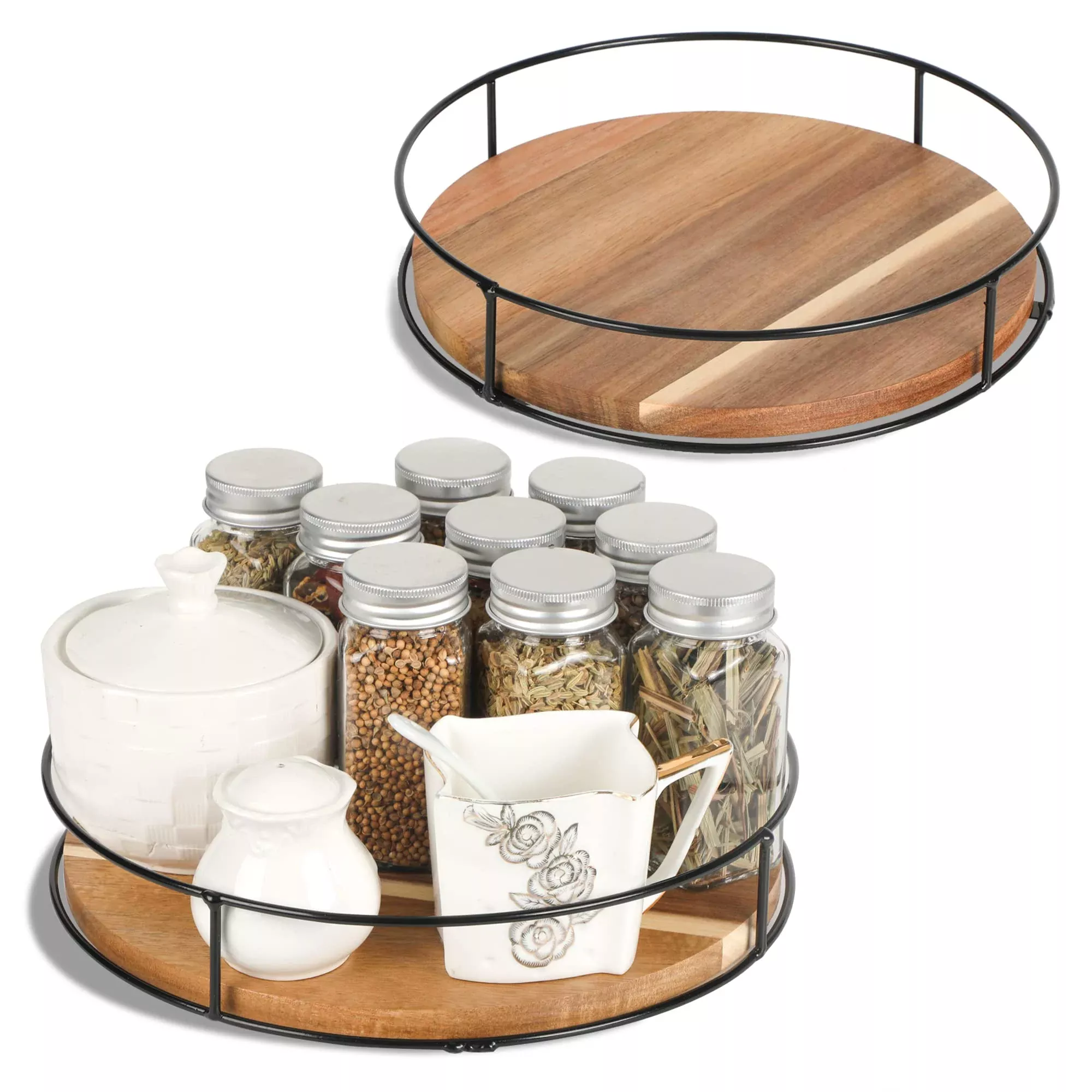 [ 2 Pack ] 10 '' & 11 '' Acacia Wood Lazy Susan Organizers With Steel Sides, Lazy Susan Turntable For Cabinet, Kitchen Turntable