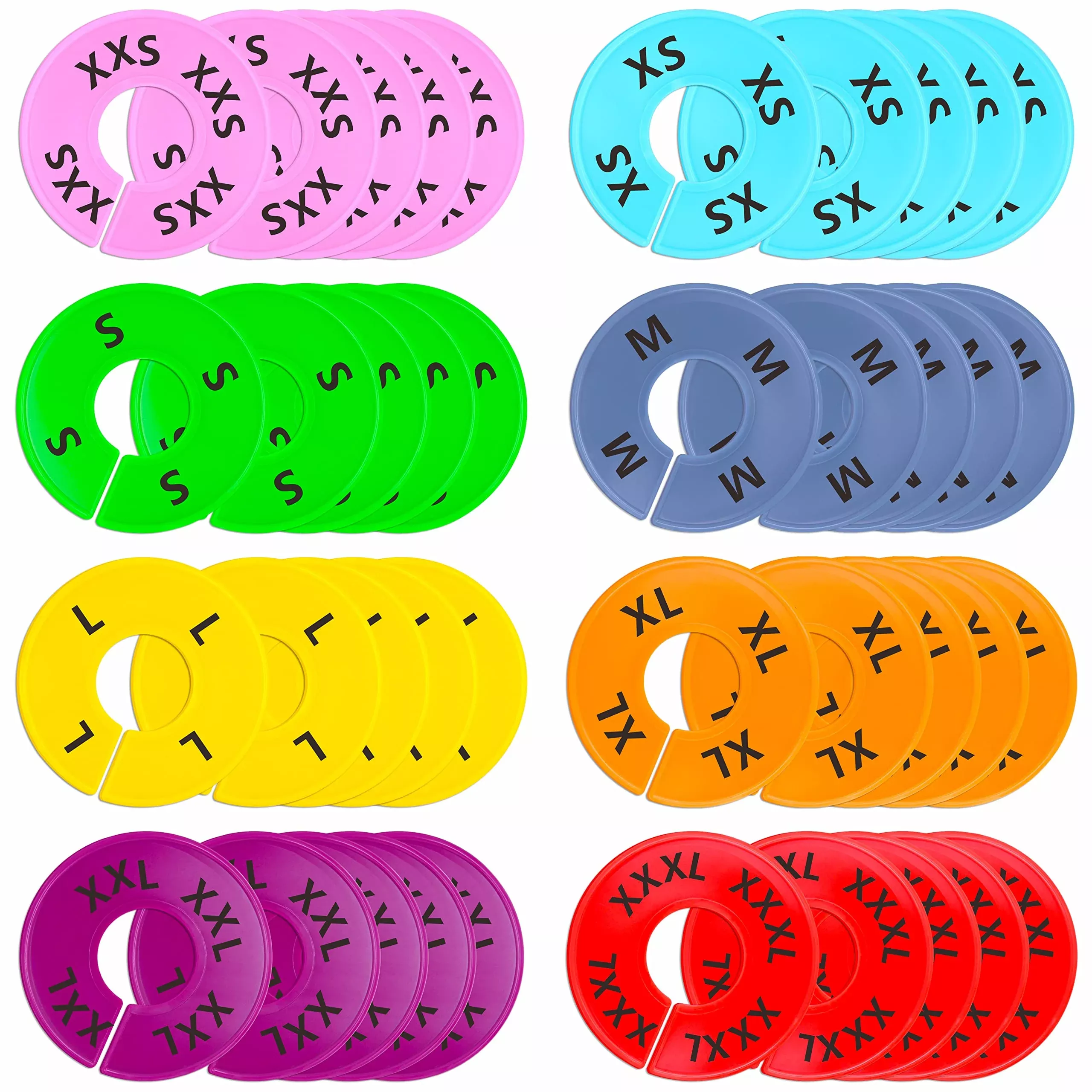 40 Pack Round Colorful Plastic Clothing Size Closet Rack Dividers Hangers8 Assorted ColorsPreprinted in 8 Sizes XXSXSSMLXLXXLXXXL (Outer 3.5?Inner Diameter 1.38?)