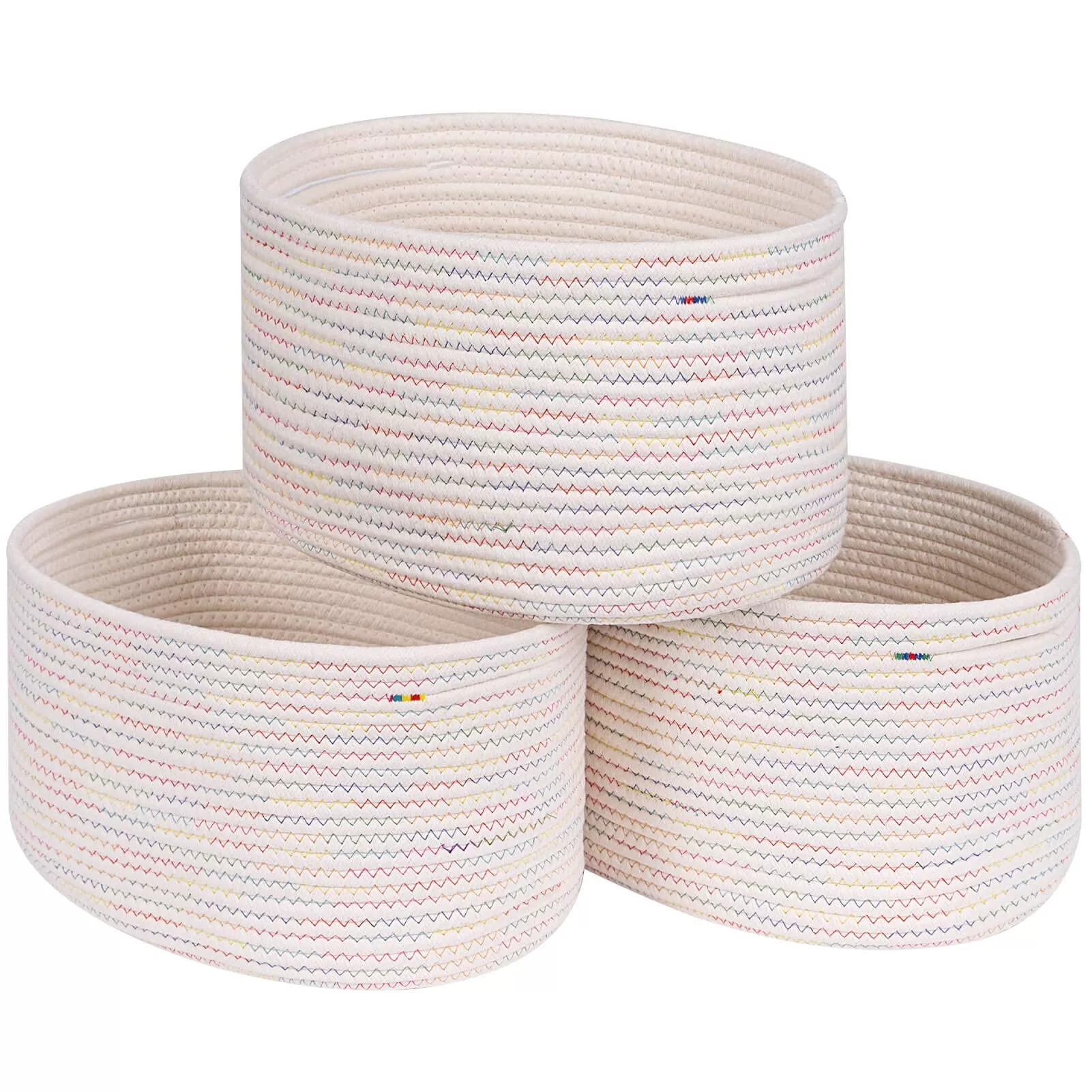 CubesLand Woven Basket for Organizing/ShelvesCube Shelf Closet Storage Baskets Bins Set 3Long-Lasting &Skin-Friendly Storage Basket BinStylish Room BasketRainbow Stitches Cotton Rope Basket