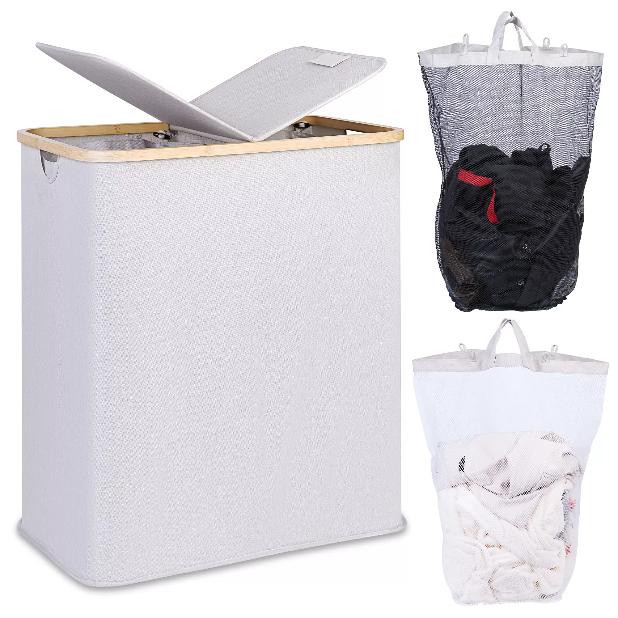 efluky Double Laundry Hamper with LidDivided Laundry Hamper with Removable Bags2 Section Dirty Clothes Basket with Handles for BathroomBedroom & Laundry Room140L Light Grey