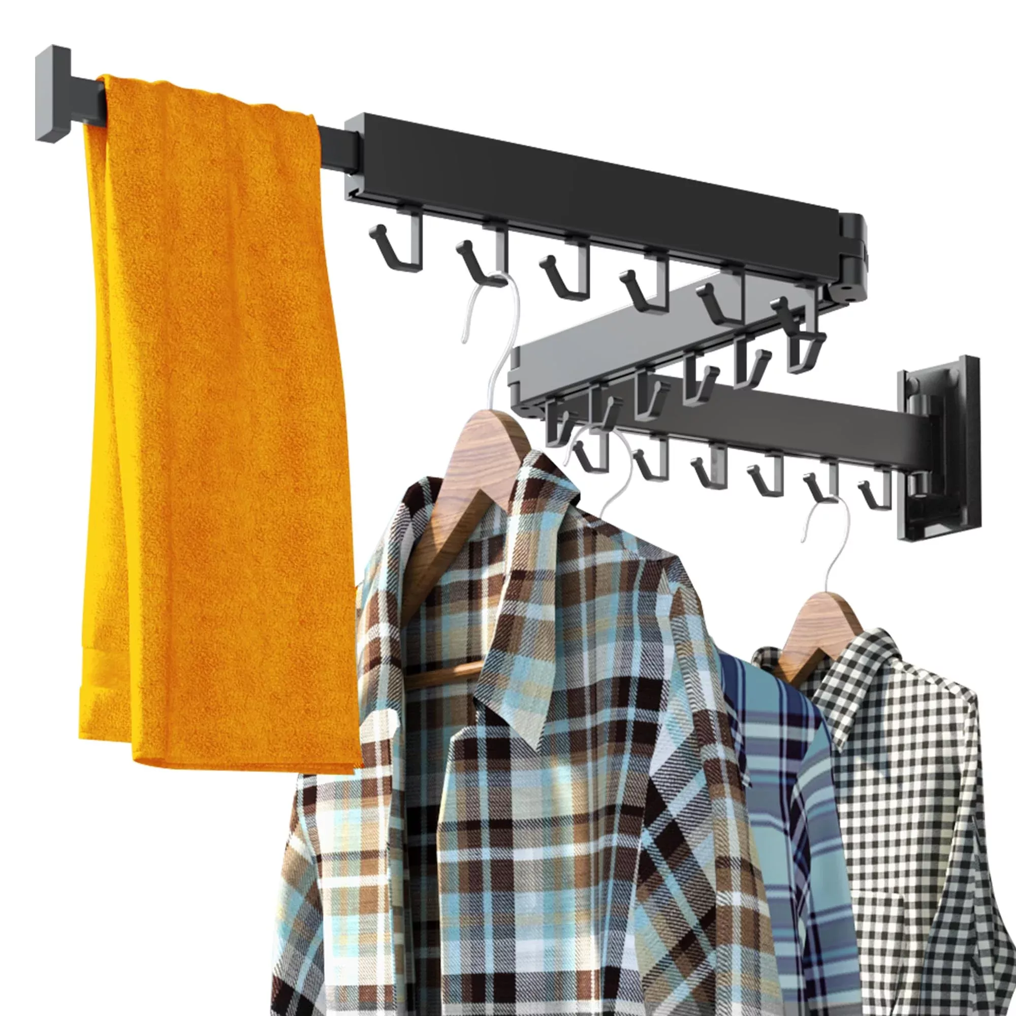 HEILAIYI Clothes Drying Rack for Laundry Wall Mounted Clothes Hanger Rack Folding Retractable Collapsible(J Shape Hooks)
