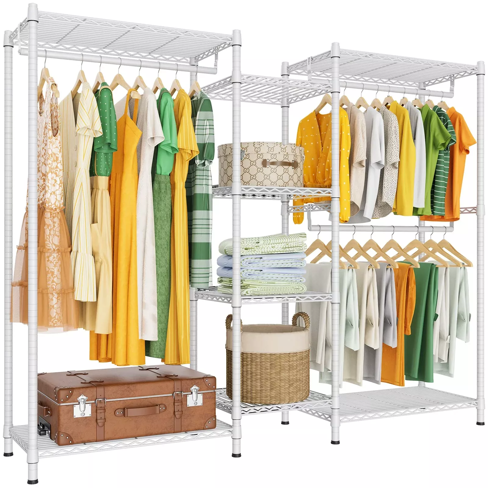 LEHOM G6 Wire Garment Rack Heavy Duty Clothes Rack Compact Large Size Armoire Storage Rack Freestanding Metal Clothing Rack Closet Wardrobe with 3 Hanger Rod and 4 Large Shelves 4 Small ShelvesWhite