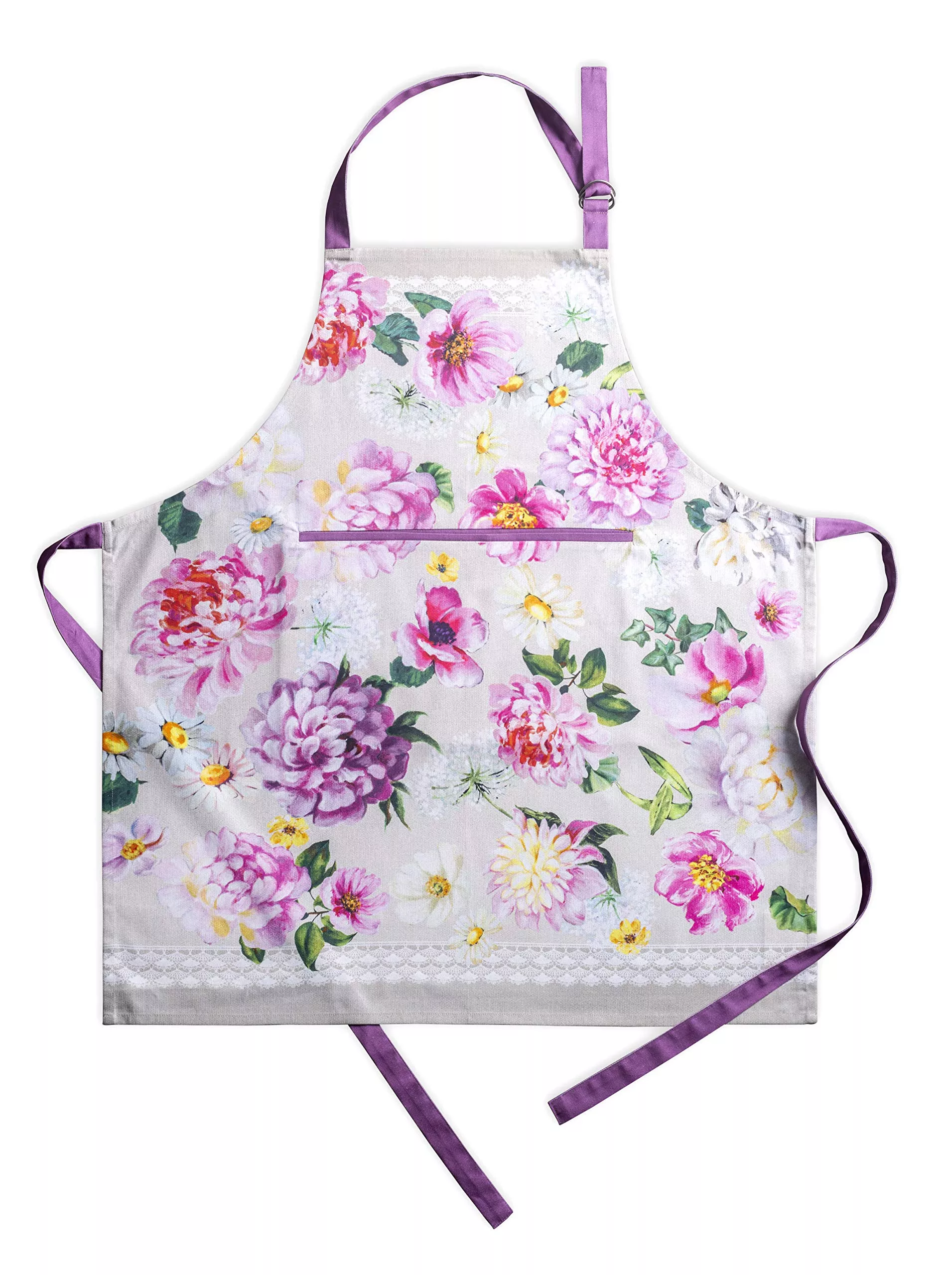 Maison d ' Hermine Apron 100% Cotton 27.50 ''x31.50 '' 1 Piece Adjustable Neck Strap Apron with Center Pocket for GiftsBBQWomenMenChefMeadow Florals - Brown - Spring/Summer