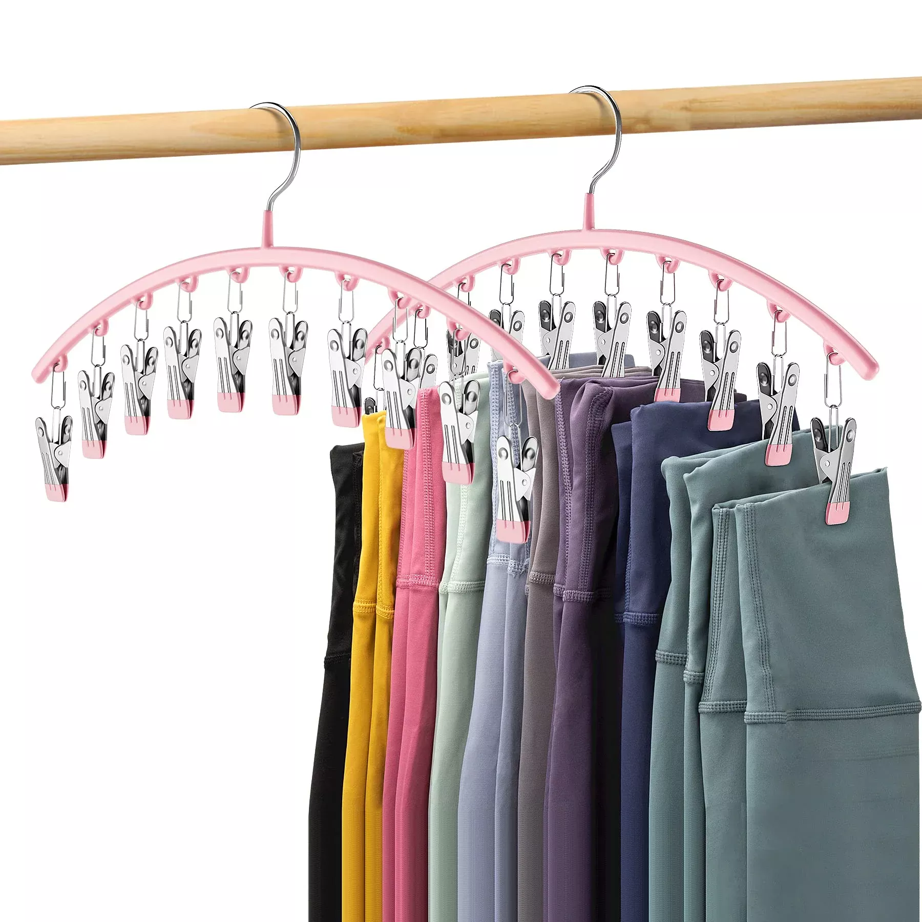Volnamal Legging Organizer for ClosetMetal Yoga Pants Hangers 2 Pack w/10 Clips Holds 20 LeggingsHangers Space Saving Hanging Closet Organizer w/Rubber Coated Closet Organizers and StoragePink